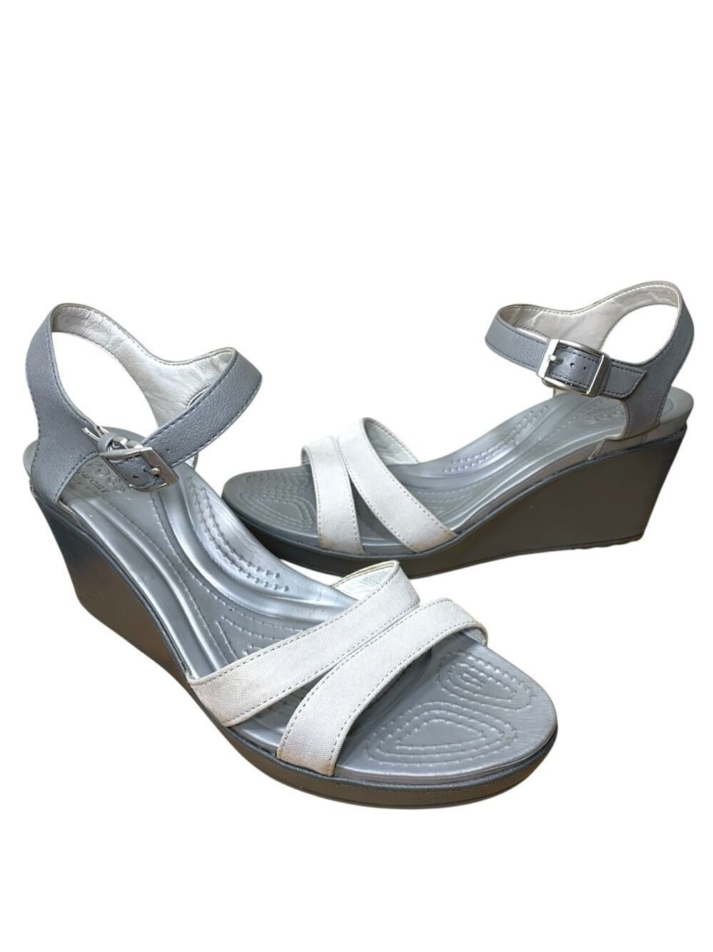 CROCS Leigh II Wedges Sandals Sz 10 Gray Strapy Ankle Strap Neutral Comfy Shoes